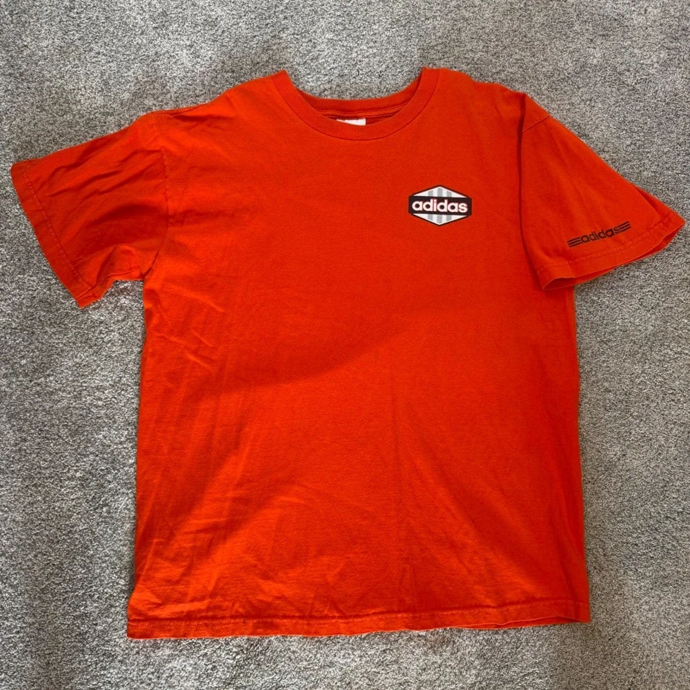 Vintage Adidas Mens Large Orange Graphic T-Shirt Short Sleeve Logo Crew Neck